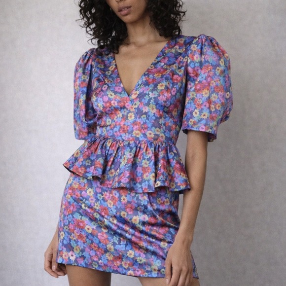 Rotate Birger Christensen Floral Peplum Mini Dress Size 6 80s Cocktail - Picture 2 of 14